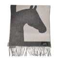 Hermes Cashmere Love Story Horse Pattern Fringe Scarf Gray Off White