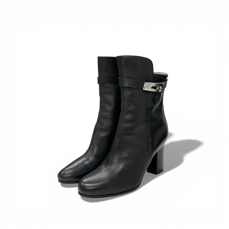 Hermes Short Boots Shoes Leather Black Silver Kelly