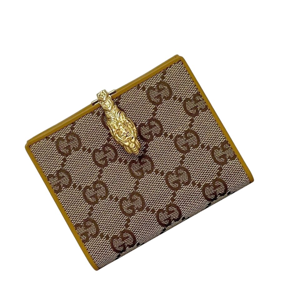 Gucci Bifold Wallet Beige Yellow 035 Canvas Leather GG Tiger Compact
