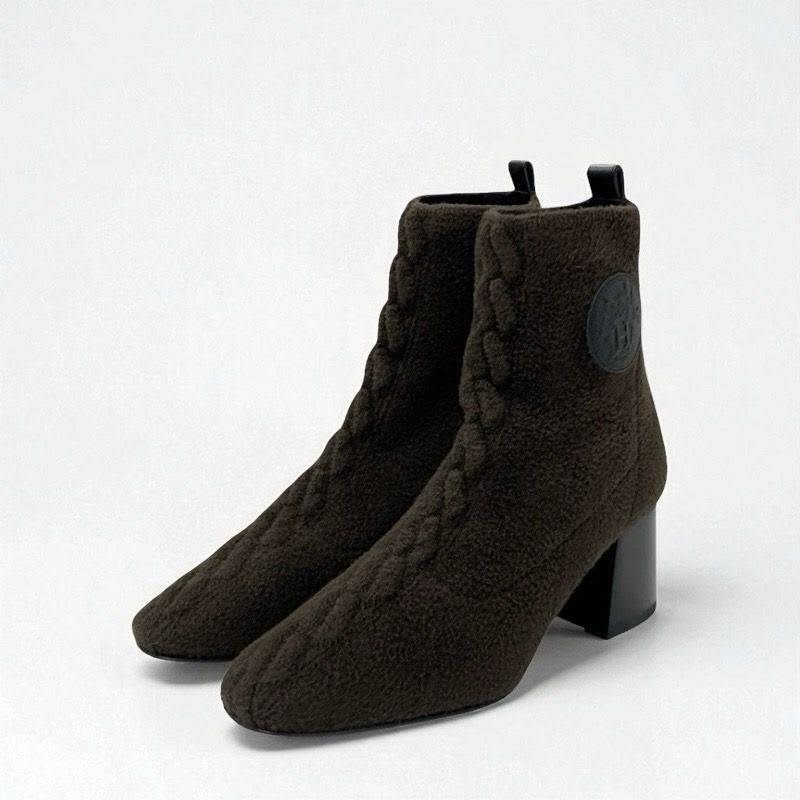 Hermes Volver Boots Short Shoes Fabric Leather Khaki Exlibris Knit