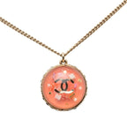 Chanel CC Logo Dome Necklace Gold Pink Plated Rhinestone