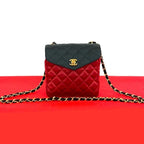 Chanel Vintage Quilted Satin Chain Shoulder Bag Black Red — view 2