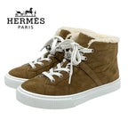 Hermes Daydream Sneakers Shoes Suede Shearling Brown Silver High Cut