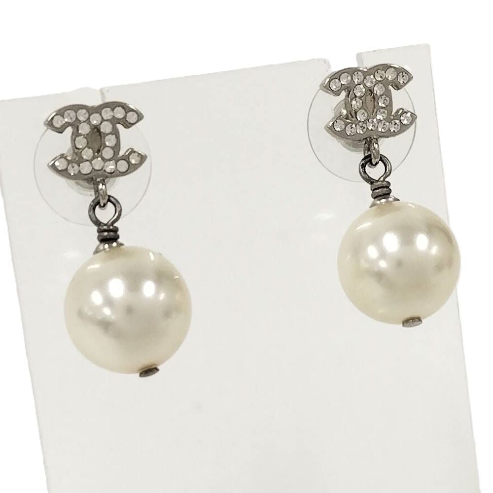 Chanel Earrings CC Logo Pearl Plated Silver