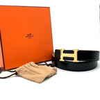Hermes Leather Constance Buckle Reversible Belt 70 Black Gold — view 2