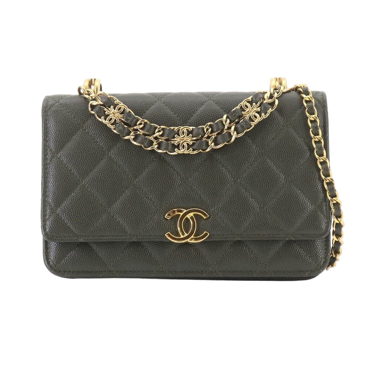 Chanel Quilted Chain Wallet Leather Green Gold