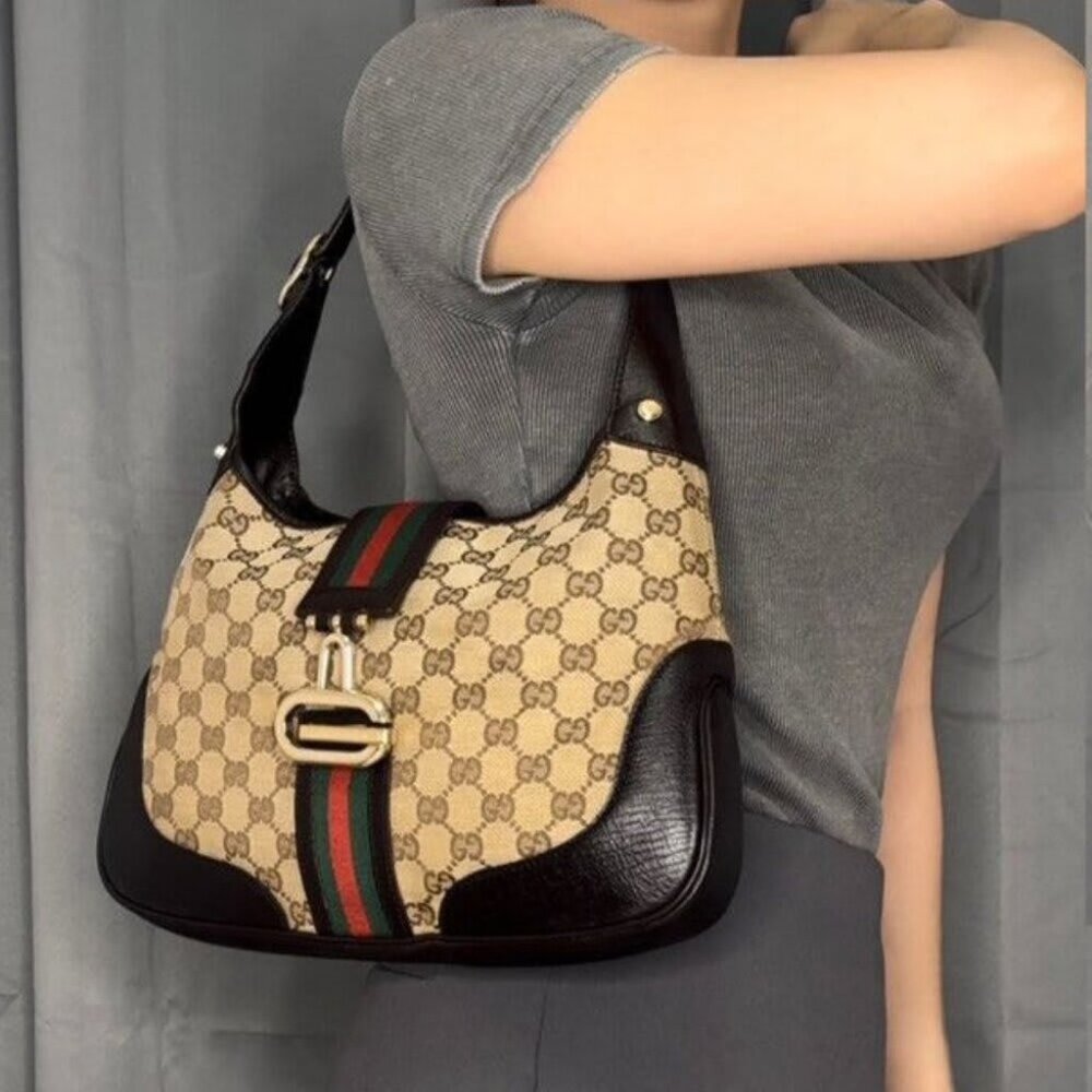 Gucci GG Jackie Sherry Web Canvas Shoulder Bag Charm Ophidia