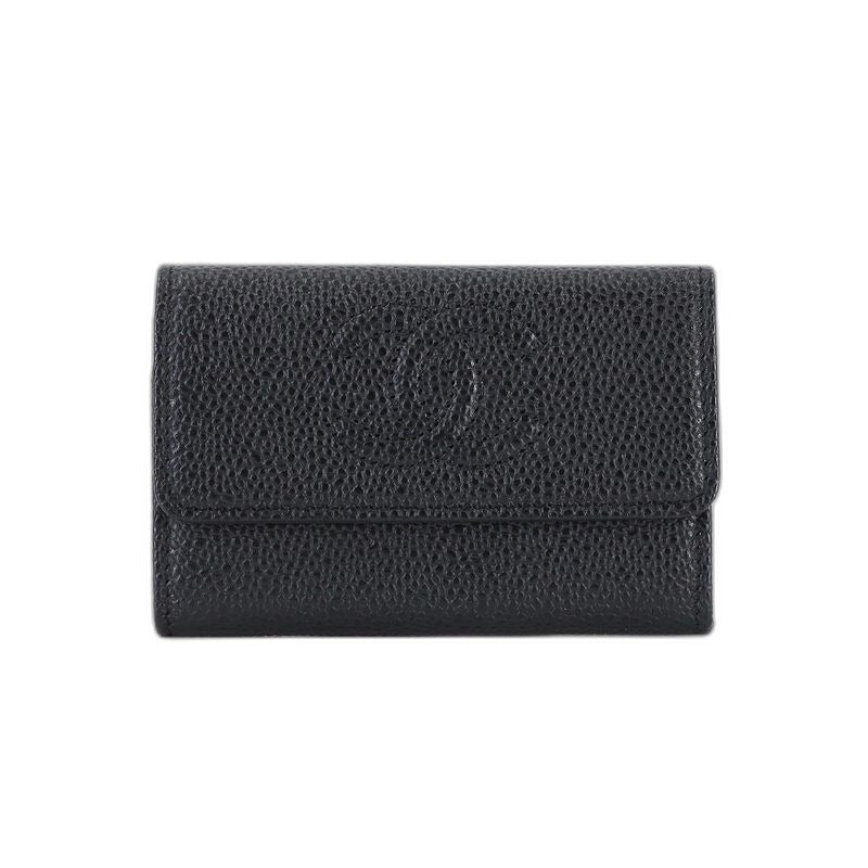 Chanel Card Case Business Holder Caviar Leather Black Silver Coco
