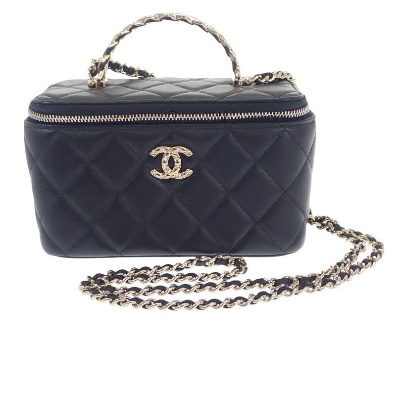 Chanel Top Handle Long Vanity Case 2-Way Bag Shoulder Lambskin Black