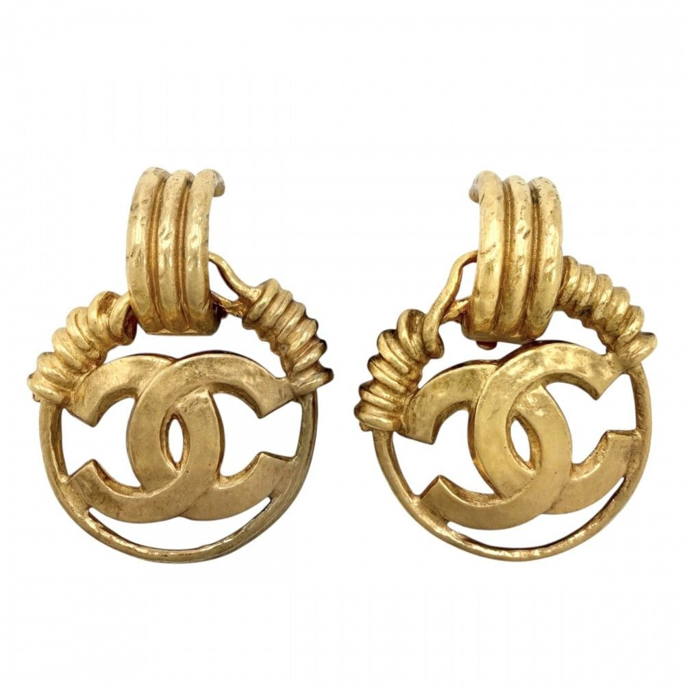 Chanel Earrings CC Logo Vintage Round Gold Plated