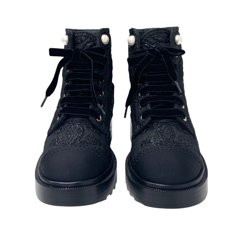 Chanel Boots Short Shoes Fabric Black Coco Mark Lace Up Pearl — view 2