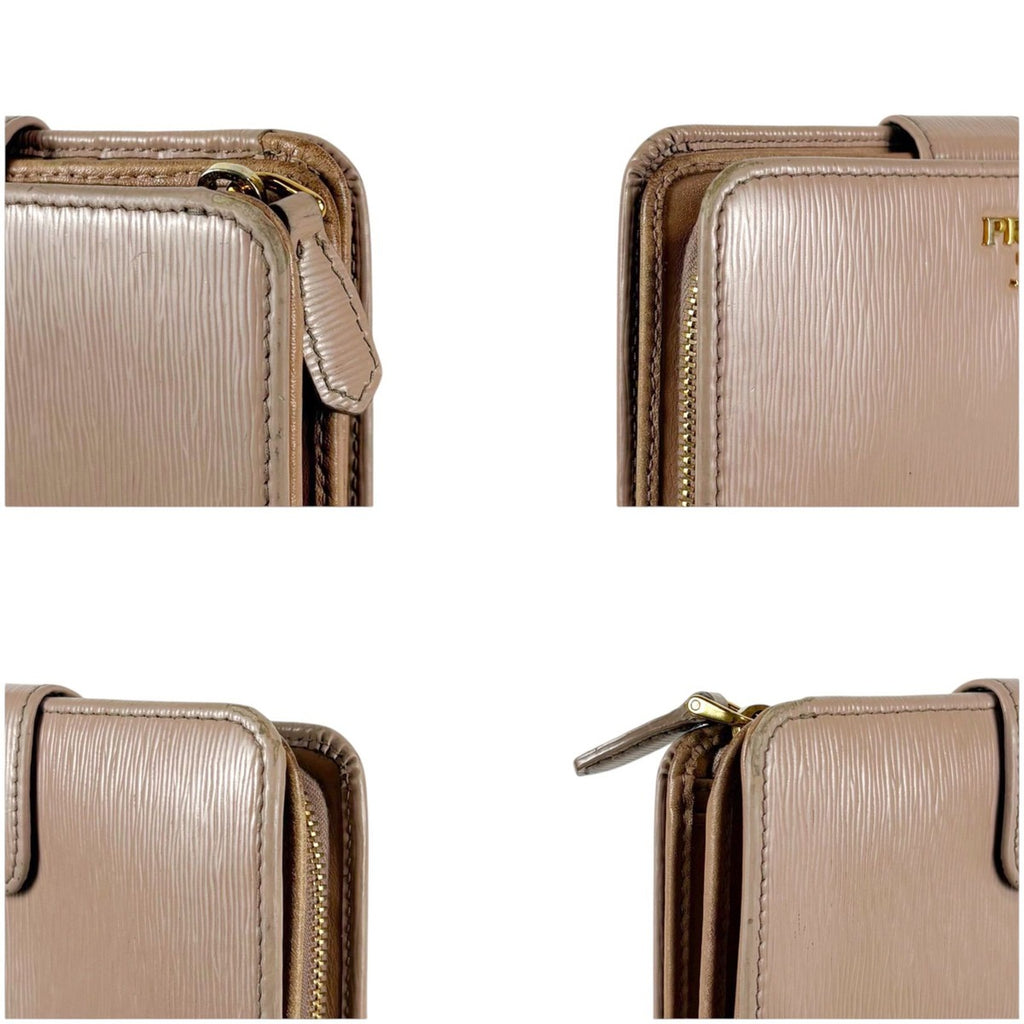 Prada Compact Wallet Bifold L-zip Leather Beige Gold — view 6