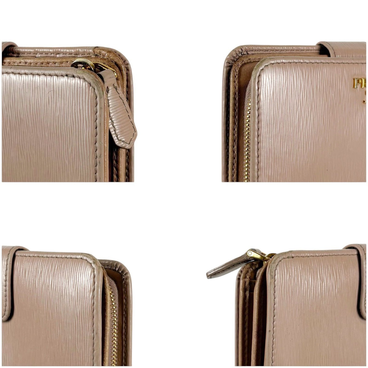 Prada Compact Wallet Bifold L-zip Leather Beige Gold — view 6