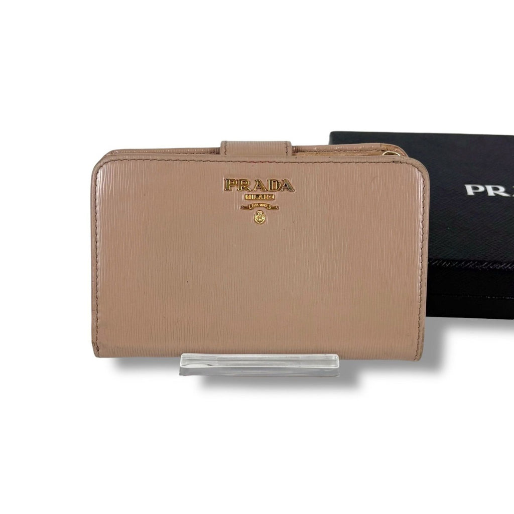 Prada Compact Wallet Bifold L-zip Leather Beige Gold