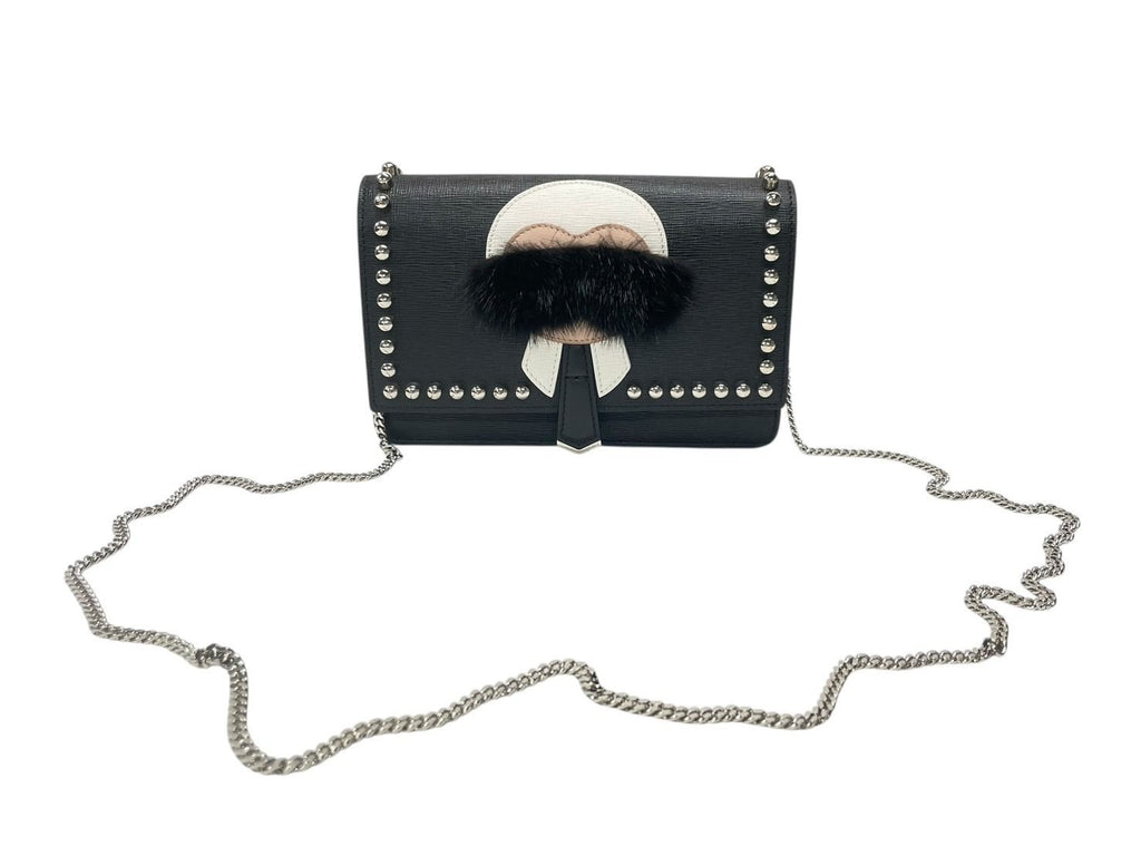 Fendi Shoulder Bag Chain Wallet Karl Lagerfeld Leather Black Silver