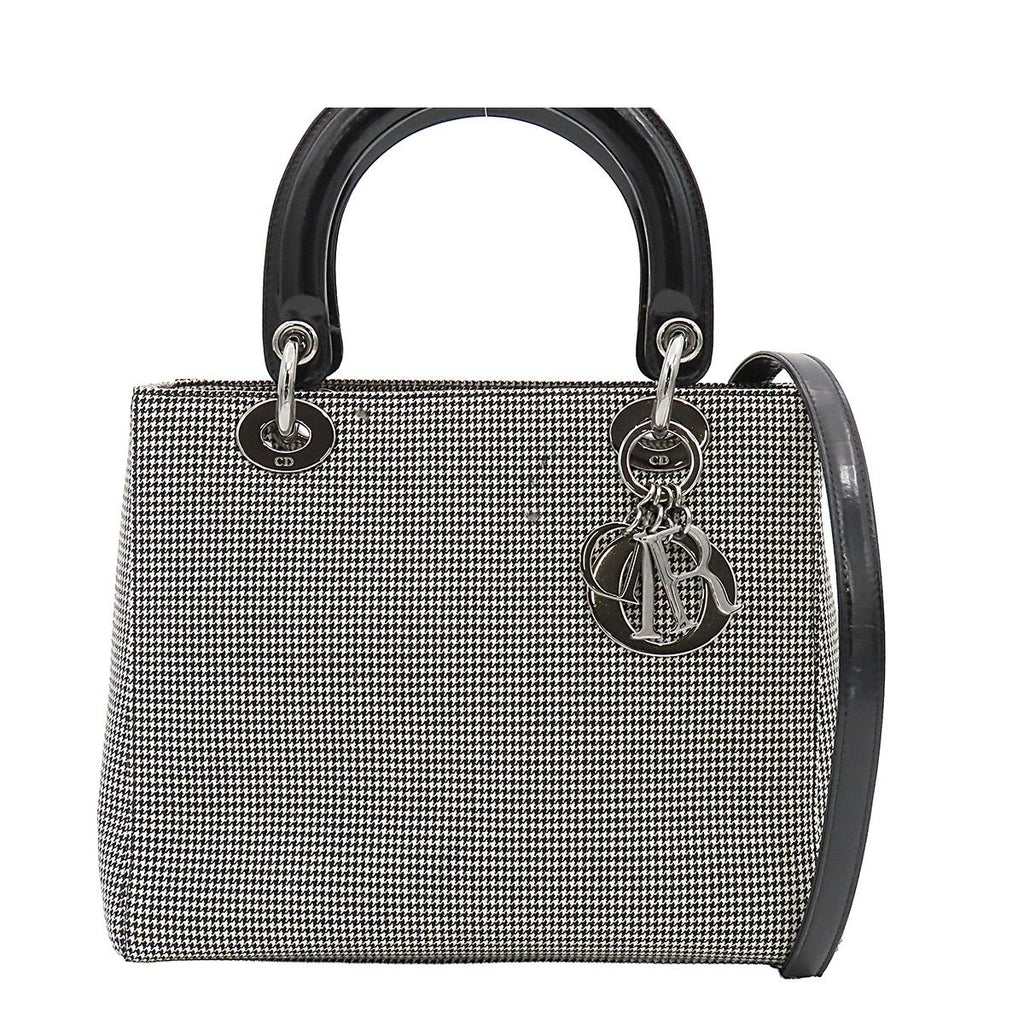 Dior Medium 2-Way Handbag Houndstooth Black White Canvas Leather