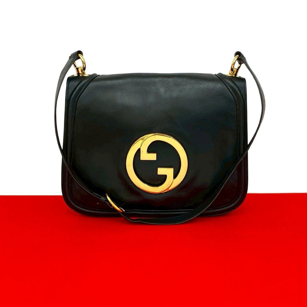 Gucci Vintage Logo Gold Leather Shoulder Bag Pochette Black