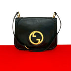 Gucci Vintage Logo Gold Leather Shoulder Bag Pochette Black