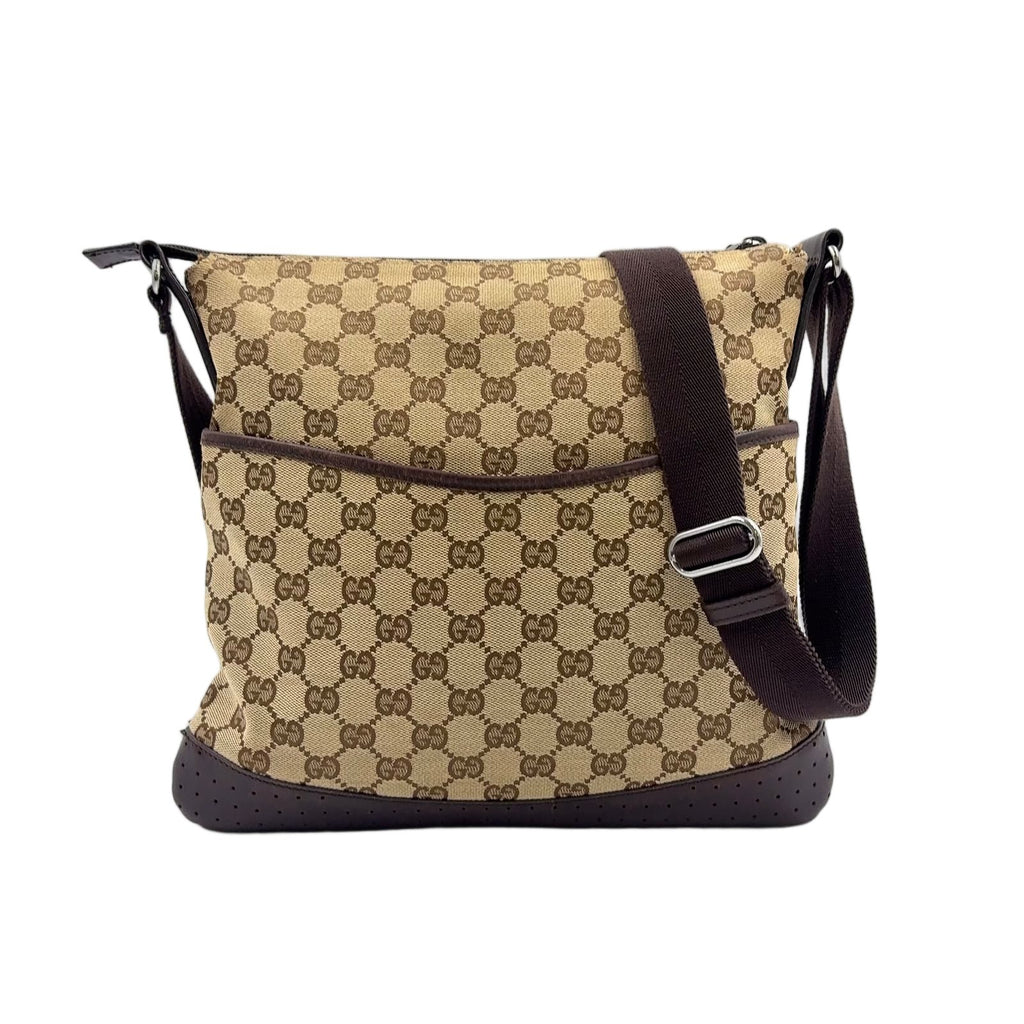 Gucci GG Canvas Leather Brown Beige Shoulder Bag Silver