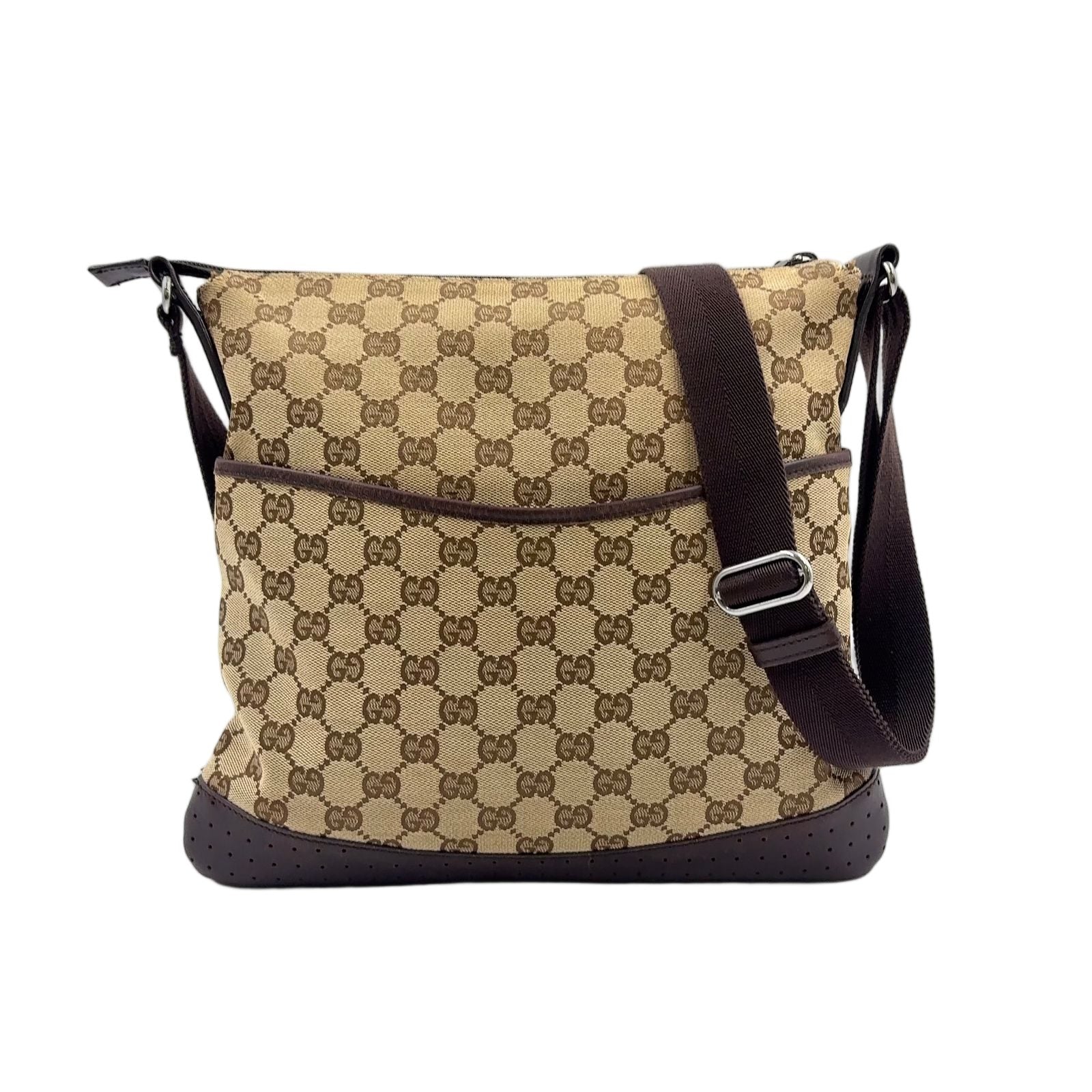 Gucci GG Canvas Leather Brown Beige Shoulder Bag Silver