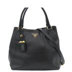 Prada 2-Way Shoulder Bag Black Calfskin Letter Ring Logo