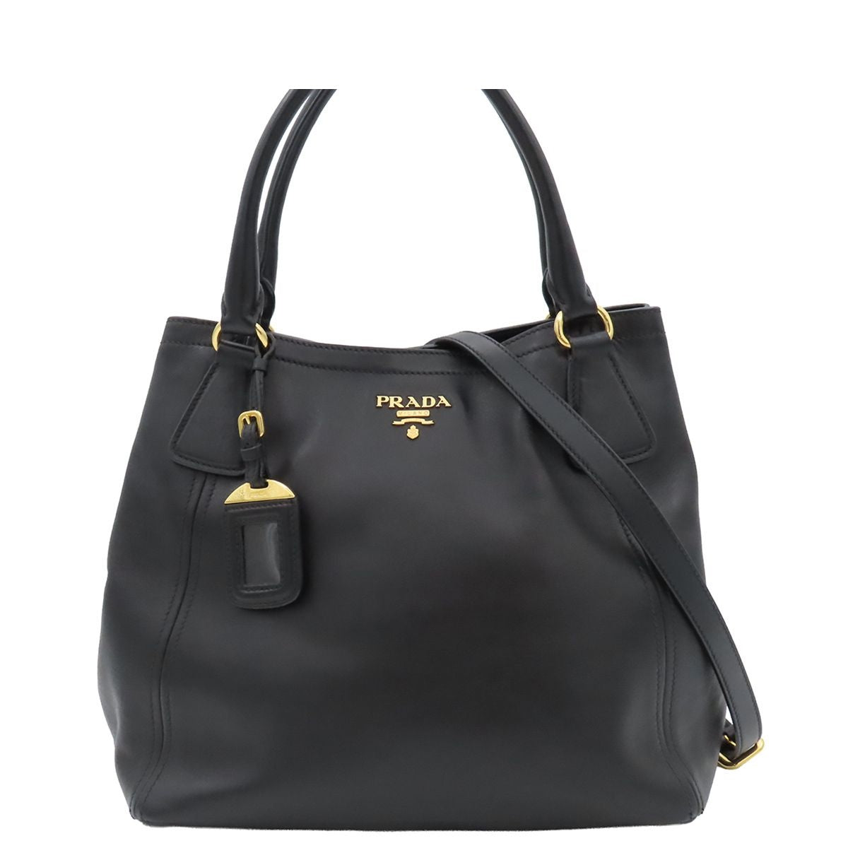 Prada 2-Way Shoulder Bag Black Calfskin Letter Ring Logo