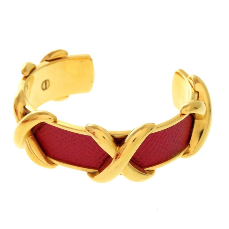 Hermes Cross Metal Leather Red Gold Hardware Bangle Accessories 0371 — view 2