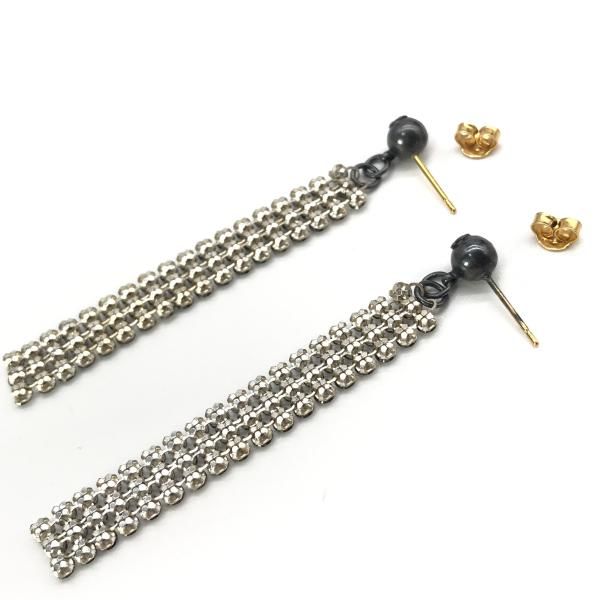 Chanel CC Logo Fringe Rhinestone Earrings Black Silver — view 8