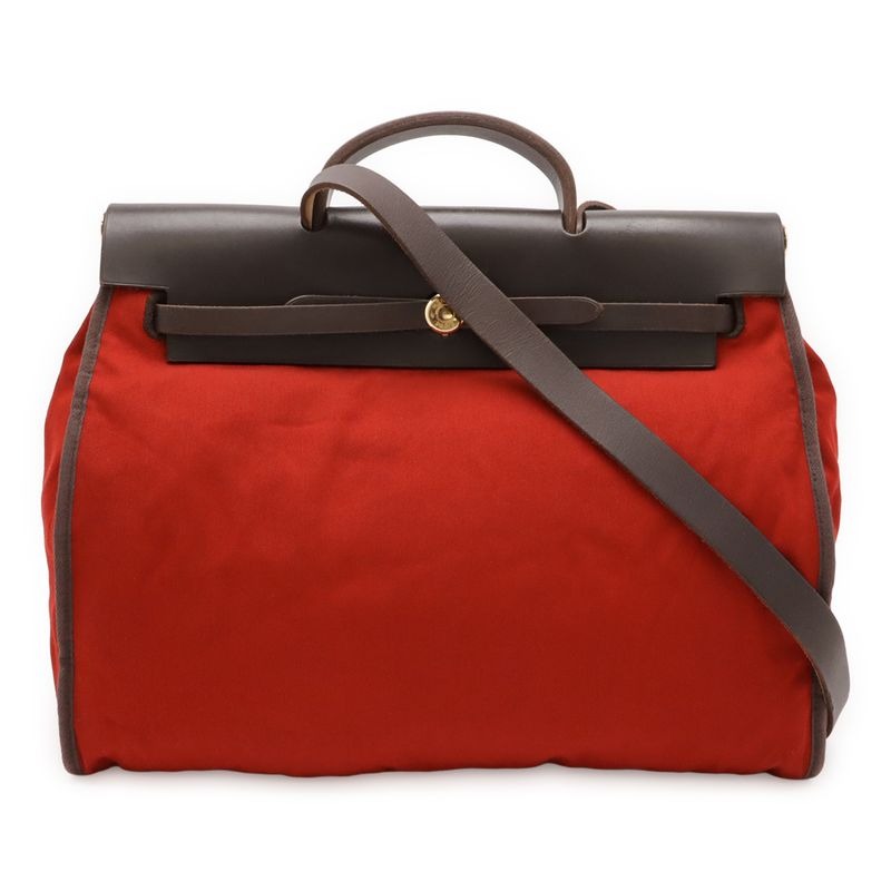 Hermes Herbag Her Bag MM Shoulder Pochette Canvas Leather Red Orange Dark — view 2