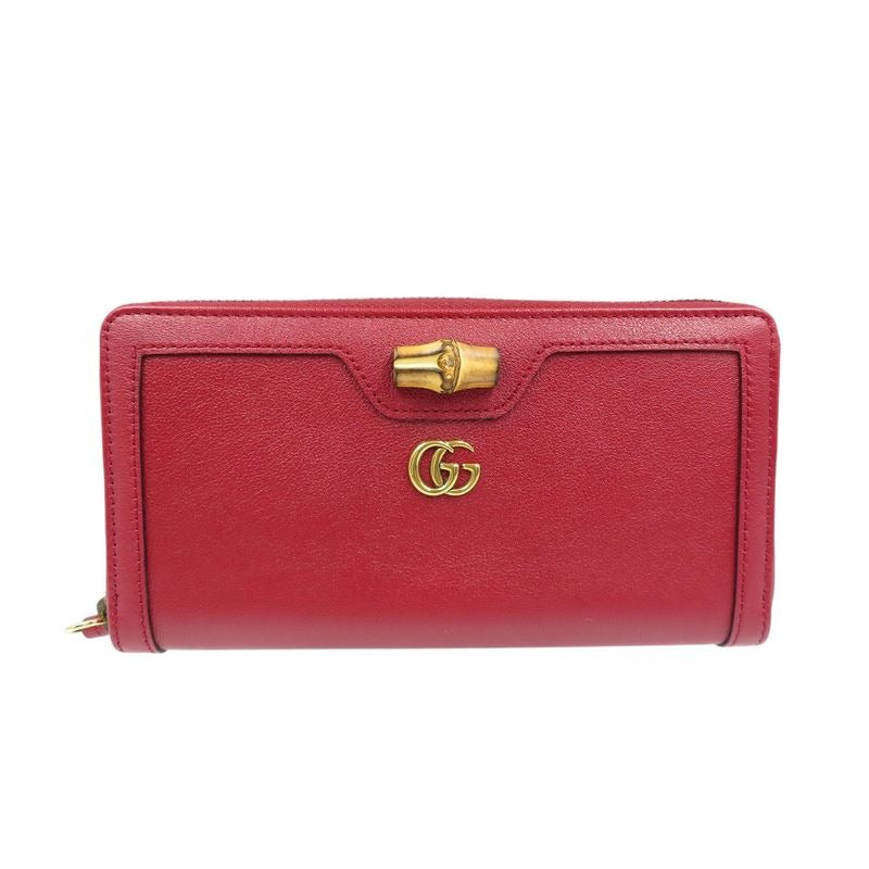Gucci GG Marmont Leather Bamboo Gold Hardware Red Round Zipper Long
