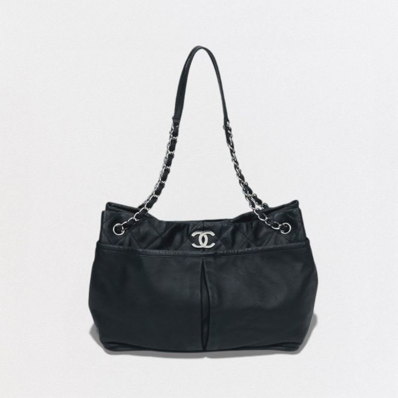 Chanel Quilted Bag Tote Leather Black Silver Hardware Coco — view 2