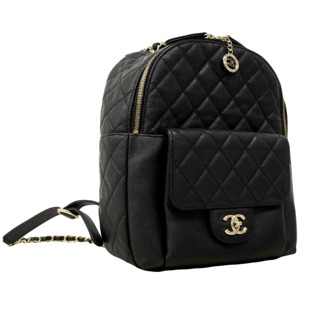 Chanel Backpack Quilted Caviar Leather Black Champagne Gold — view 2