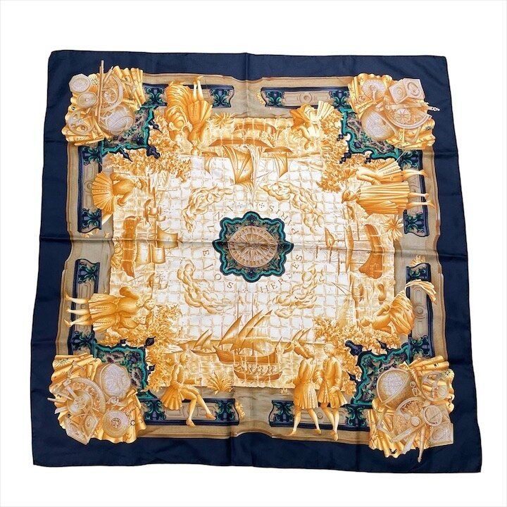 Hermes Carre 90 Azulejos Silk Large Scarf Shawl Black Yellow