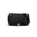 Chanel Bag Shoulder Black Silver Turnlock Single Flap Double
