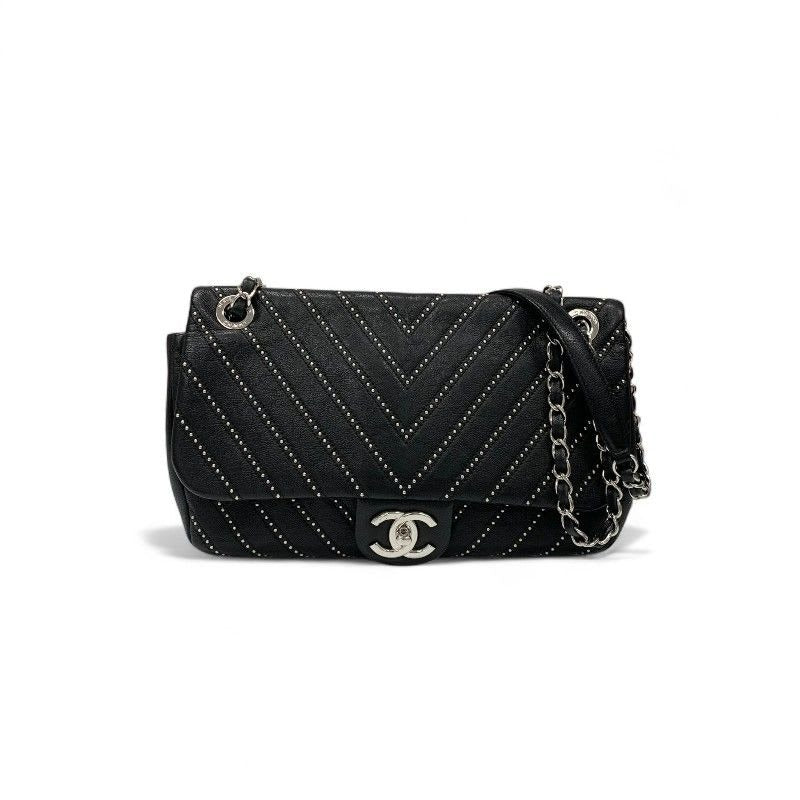 Chanel Bag Shoulder Black Silver Turnlock Single Flap Double