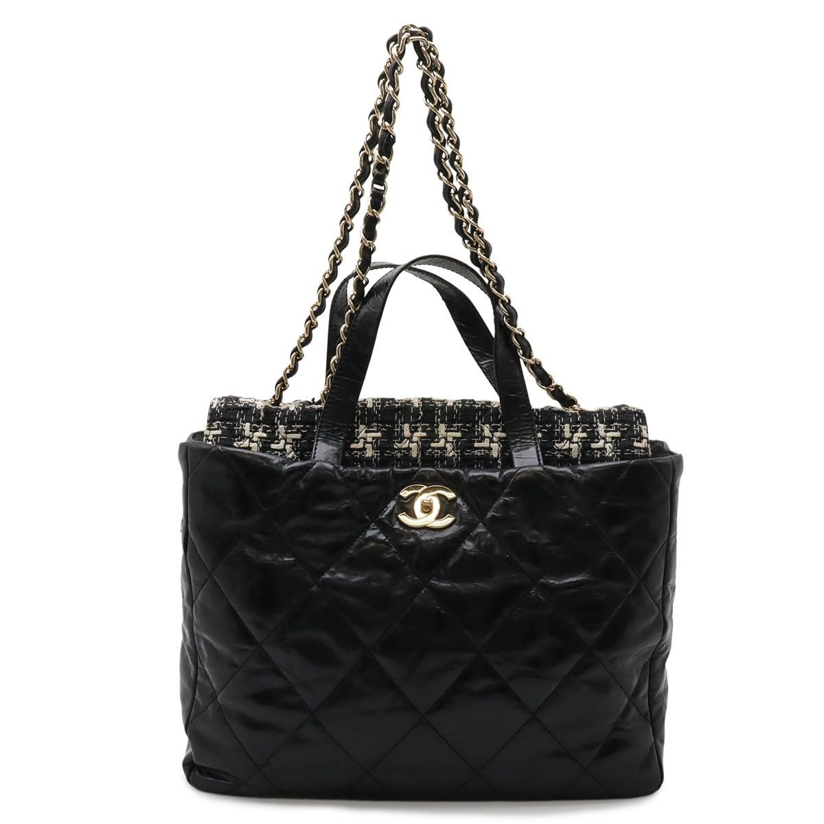 Chanel CC Logo Portobello Quilted Tote 2-Way Shoulder Bag Chain Leather Tweed