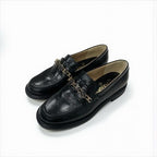 Chanel Loafer Leather Shoes Black Gold Coco Mark Chain Icon