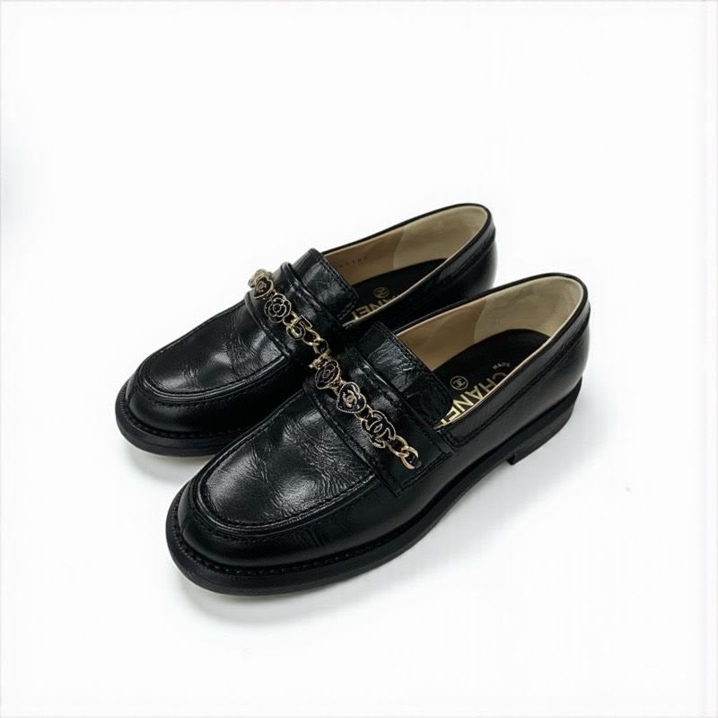 Chanel Loafer Leather Shoes Black Gold Coco Mark Chain Icon