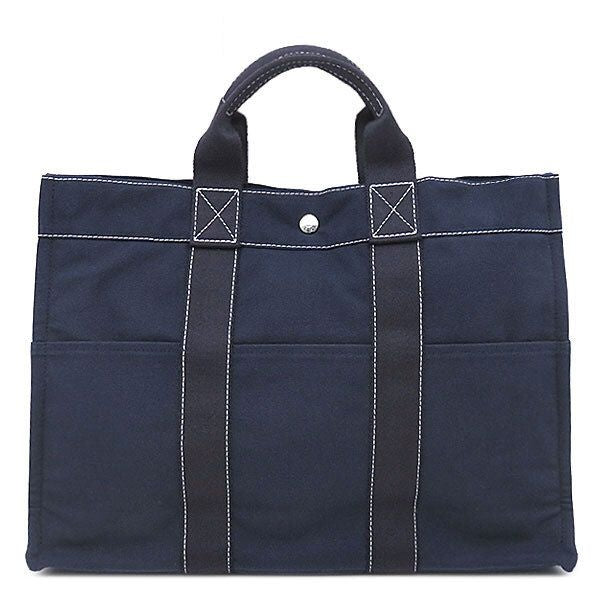 Hermes Tote Bag Deauville MM Canvas Navy Silver Blue
