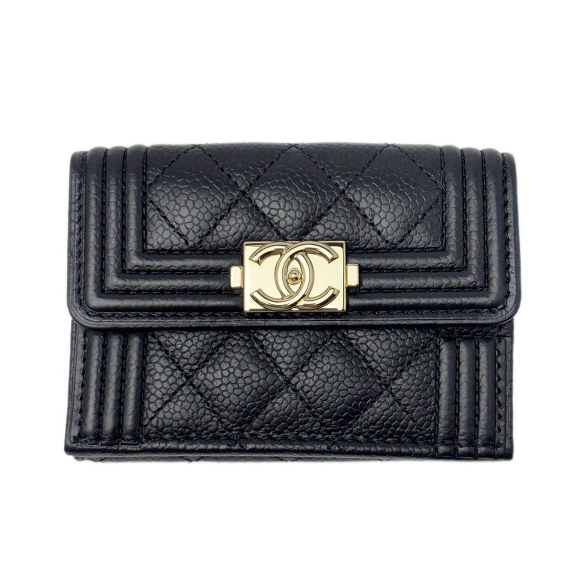 Chanel Wallet Trifold Voice Quilted Caviar Leather Small Black Champagne Gold