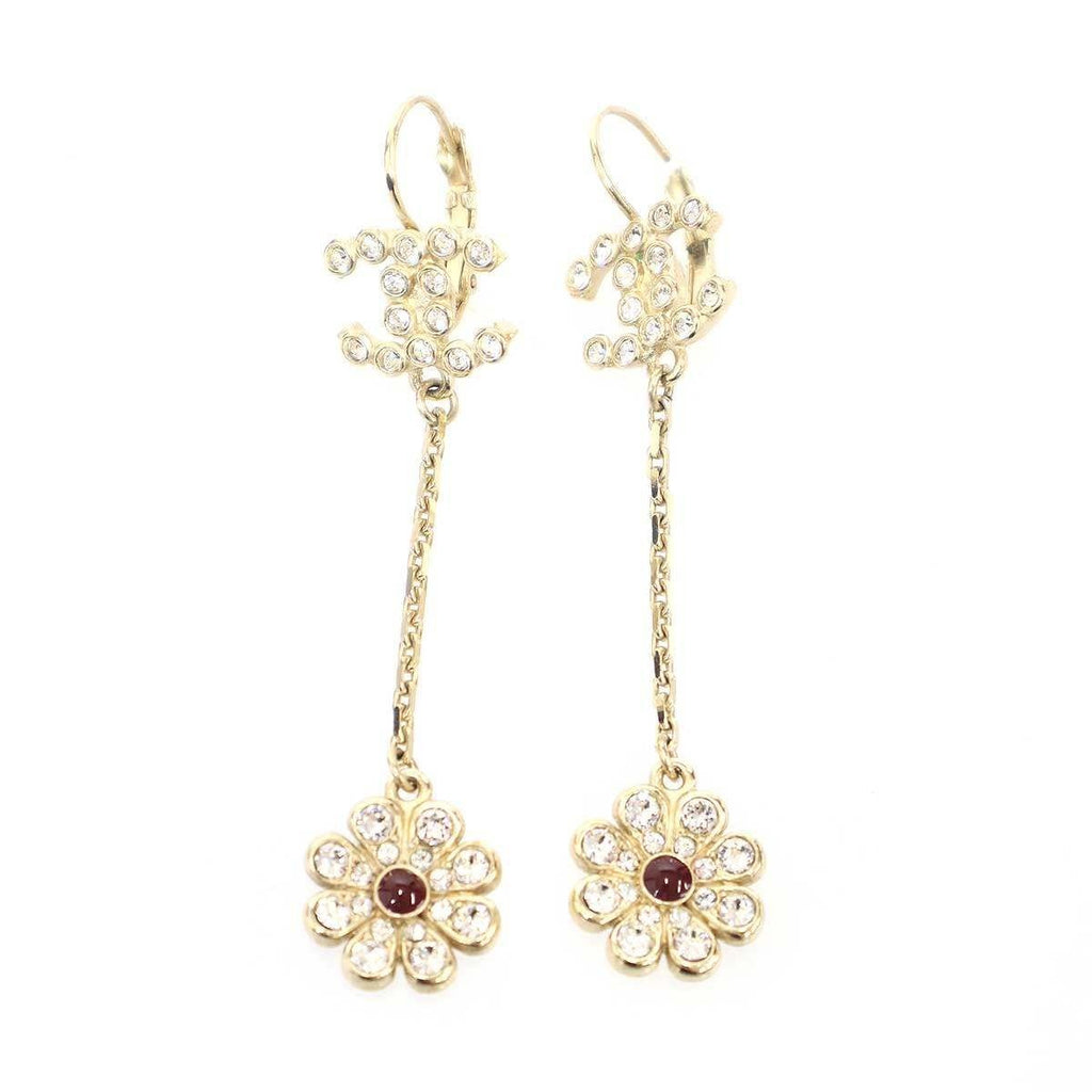 Chanel 18C Rhinestone Flower Earrings Set Gold