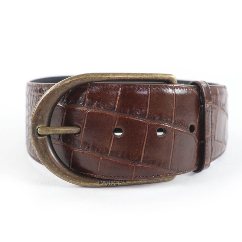 Saint Laurent Logo Croc Shape Pressed Leather Belt Brown 65 Storage — view 2