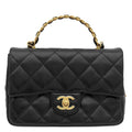 Chanel 2-Way Bag Small Top Handle Flap Lambskin Shiny Black Gold Handbag