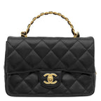 Chanel 2-Way Bag Small Top Handle Flap Lambskin Shiny Black Gold Handbag