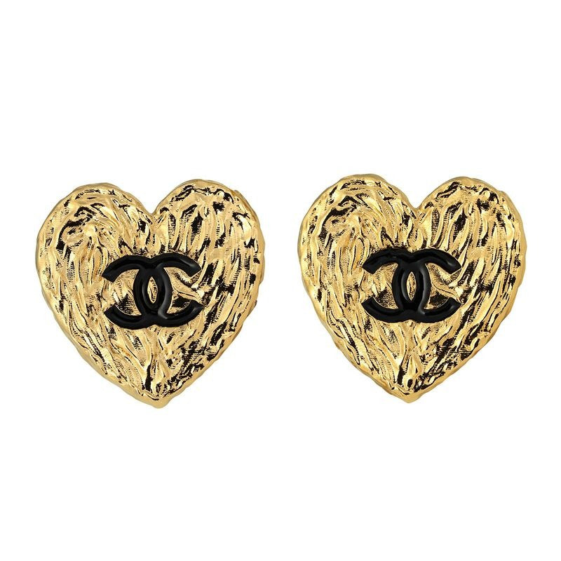 Chanel Heart Motif Earrings Gold Black