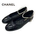 Chanel Flat Shoes Leather Black Gold Ballet Ballerina Coco Mark Pearl