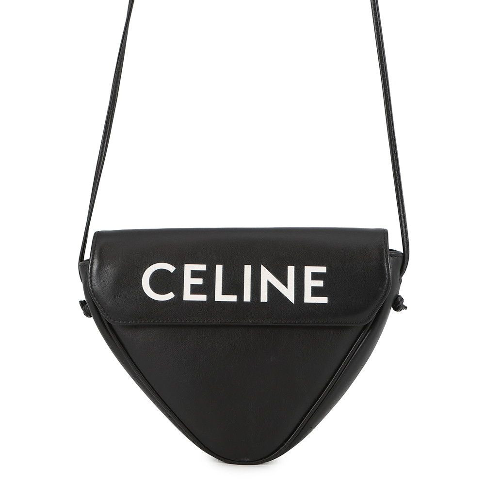 Celine Shoulder Bag Triangle Logo Leather Pochette Black