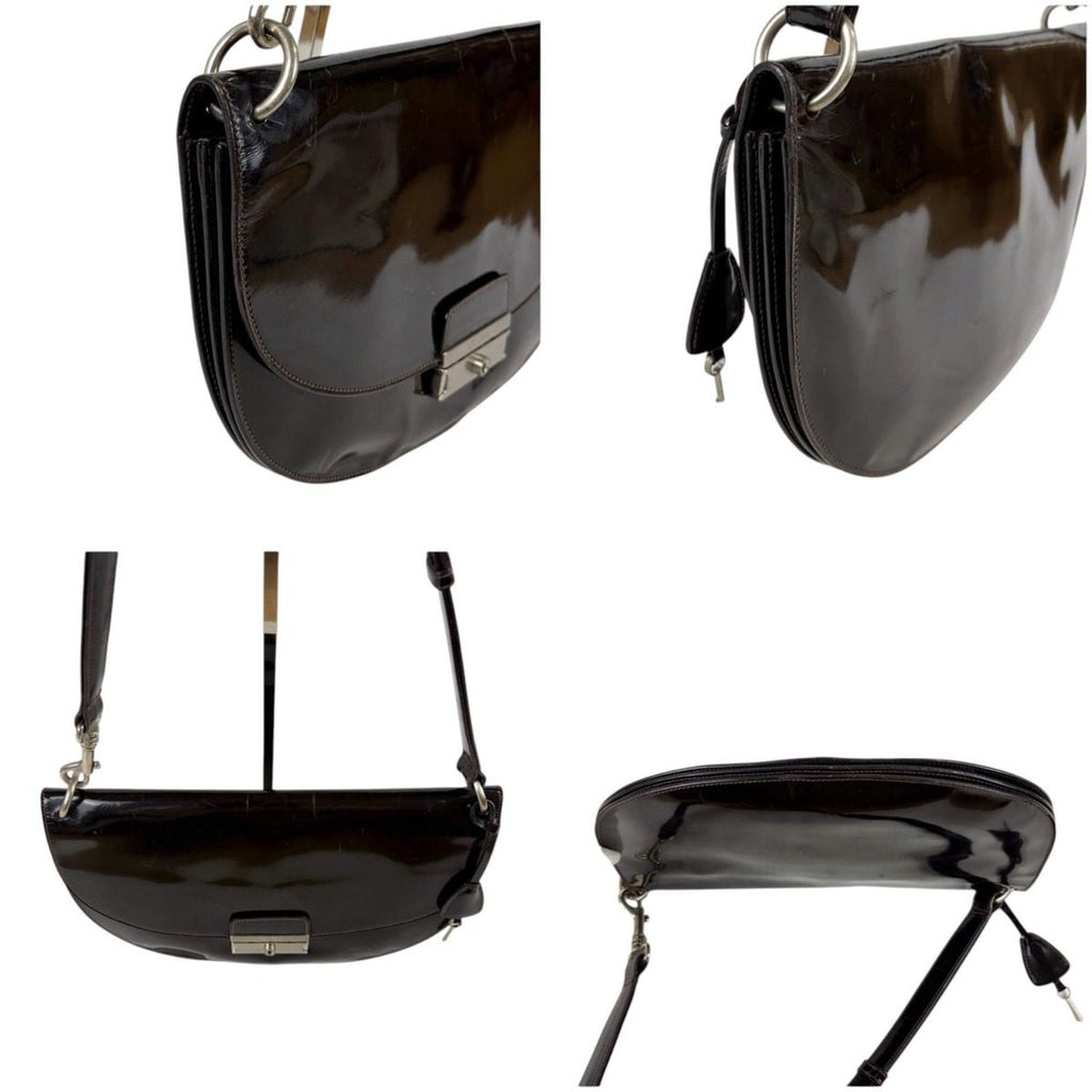 Prada Shoulder Bag Hobo Mirror Calf Leather Dark Brown Semi — view 4
