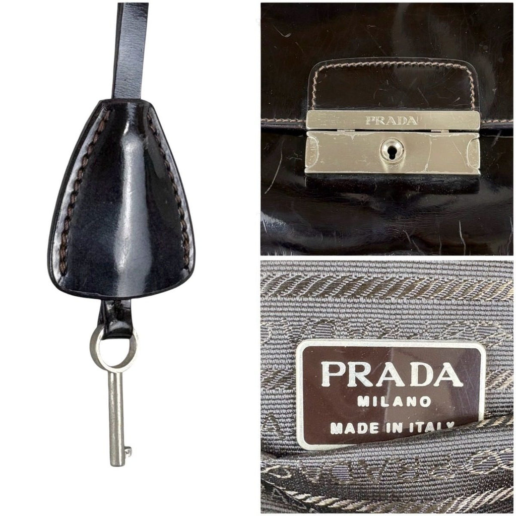 Prada Shoulder Bag Hobo Mirror Calf Leather Dark Brown Semi — view 8