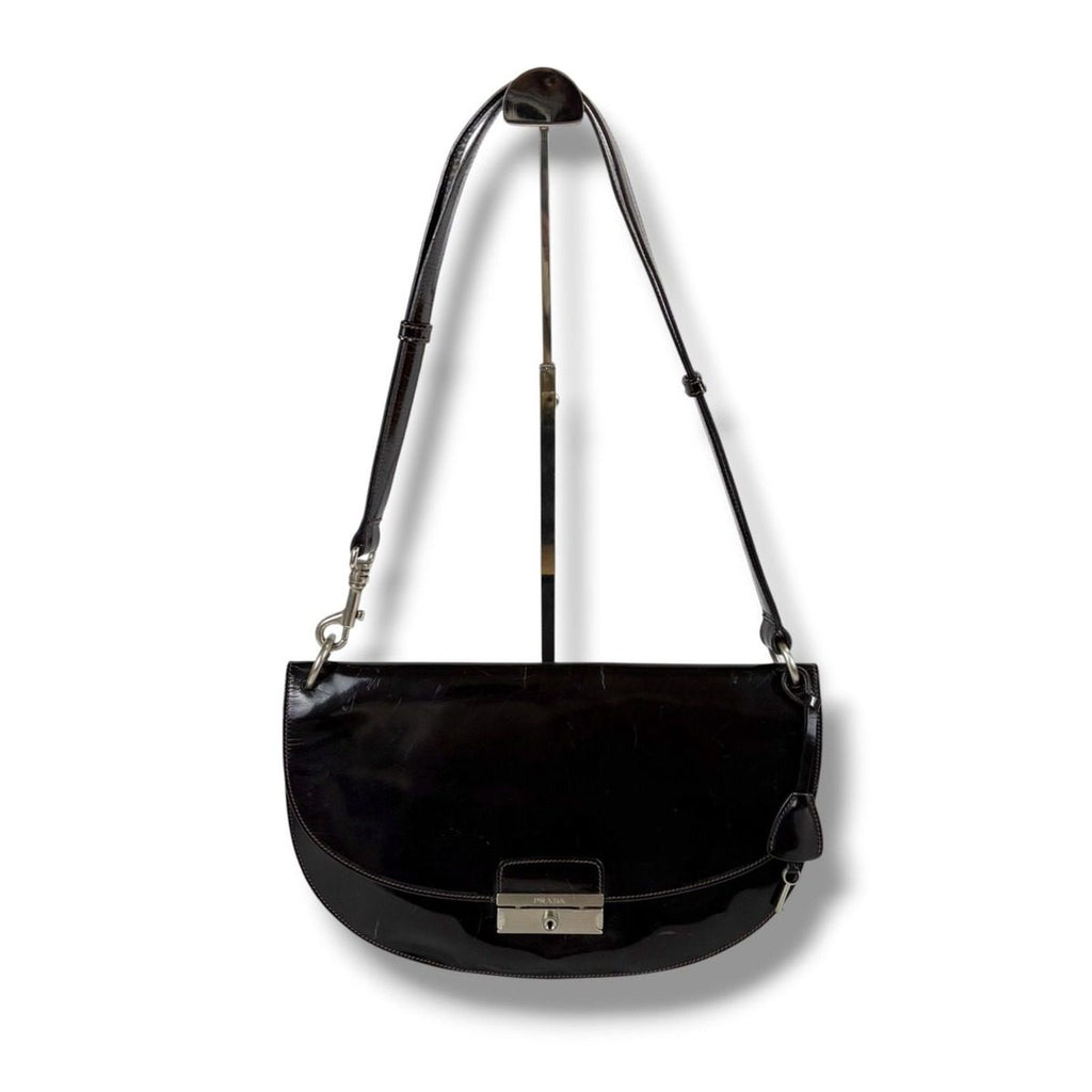 Prada Shoulder Bag Hobo Mirror Calf Leather Dark Brown Semi